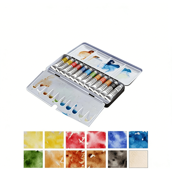 Winsor & Newton Professional 12 Tube Watercolor Enamel Tin Kit, Artist Grade Full Color Pigment Set for Plein Air Landscape & Portrait Fine Artists