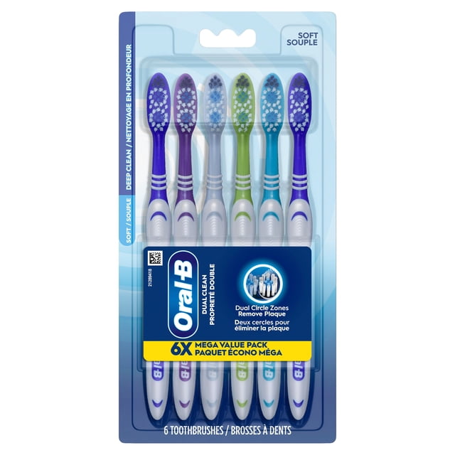 Oral-B Toothbrush Dual Clean, Soft 6-pack with multicolour handles, dual circle zones and soft bristles for plaque removal, power tip bristles for hard-to-reach areas, and comfort grip handles in retail packaging.