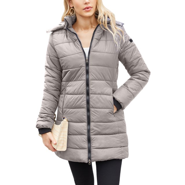 Innerwin Hooded Coats Solid Color Women Down Winter Long Sleeve Lightweight Puffer Jacket Deep Gray XS