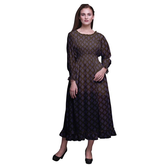 Bimba Robe Bloc Femme à Manches Longues Smockée Col Rond à Volants Été Maxi-Moyen