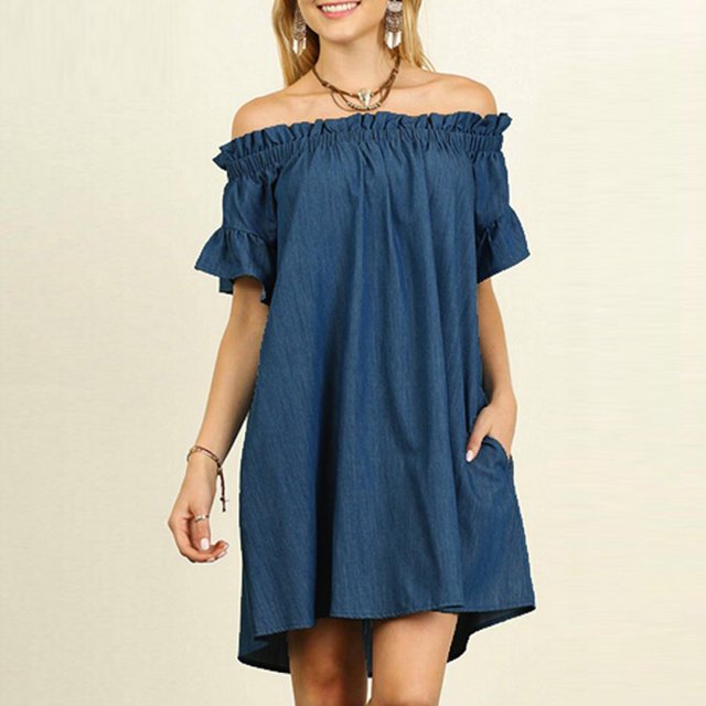 Robes Grande Taille pour Femmes Été Robe Grande Taille Ample Épaules Dénudées Chemise Hauts Robe en Liquidation