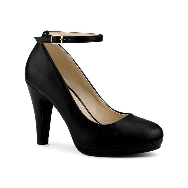 BLISSFUL STEP Escarpins à Talons Aiguilles Hauts pour Femmes à Bout Rond avec Bride à la Cheville -PU Noir-PU 9.5