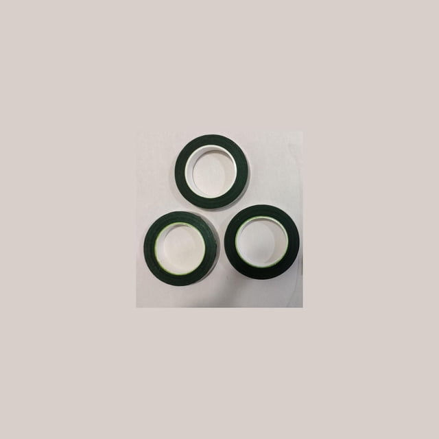 Lerman Decor's 3 Pack Green Floral Tape featuring three rolls of 0.5 inch wide green self-sealing floral tape on a white surface, used for wrapping and securing floral stems, hiding floral wire, and suitable for various craft adhesive applications.