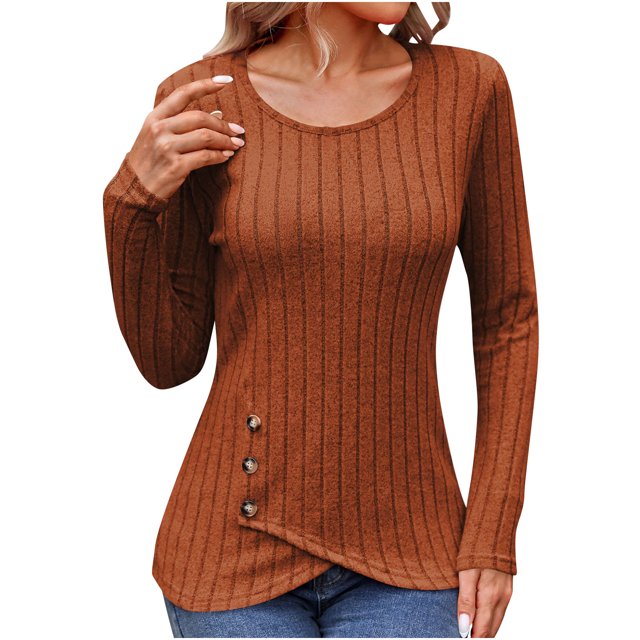 Timegard Blouse pour Femmes à Manches Longues, Côtelée, Col Rond, Hauts à Boutons, Automne Hiver, Tunique Décontractée et Confortable