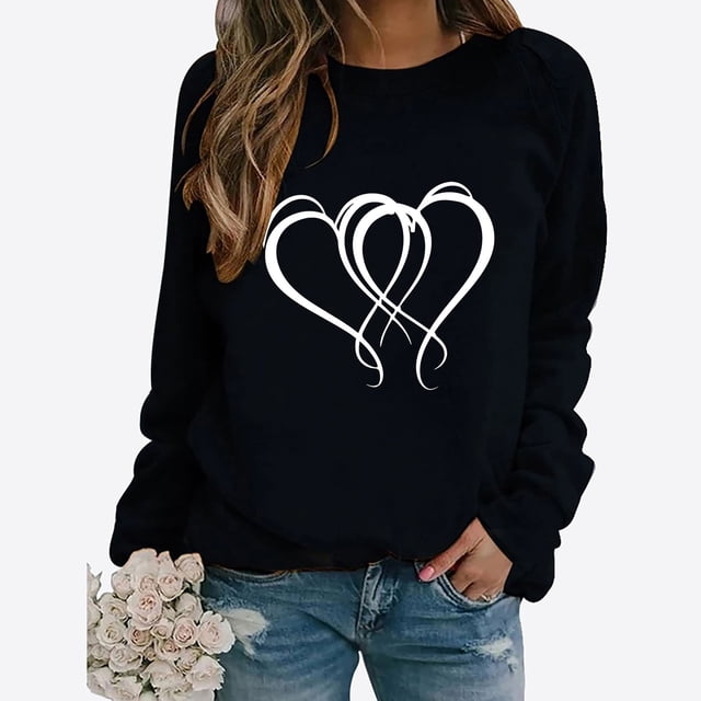 Meichang T-Shirts Mignons de la Saint-Valentin pour Femmes, T-Shirts Graphiques Mignons avec Cœur, Manches Longues, Col Rond, Hauts Mignons, Coupe Ample, Chandail Molletonné à Enfiler pour les Fêtes