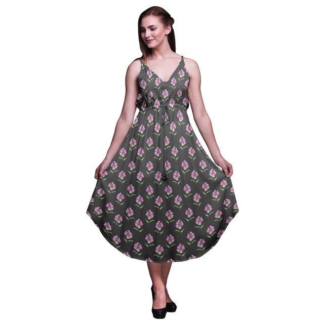 Bimba Robe à Imprimé Floral pour Femme, Bretelles Spaghetti, Col en V, Midi, Tenue de Plage - XX-Grand