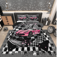 thumbnail image 1 of Erosebridal Ensembles de Couette Voiture de Sport Rose Format Simple pour Filles, Couettes et Duvets Drapeau de Course Automobile, Noir Rose Gris, Réversible 2 Pcs, 1 of 7