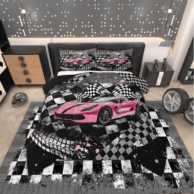 Erosebridal Ensembles de Couette Voiture de Sport Rose Format Simple pour Filles, Couettes et Duvets Drapeau de Course Automobile, Noir Rose Gris, Réversible 2 Pcs