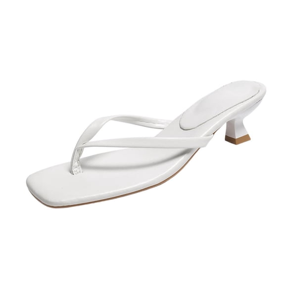 FRSASU Women's Kitten Heels Square Toe Sandals Flip Flop Heels Thong Sandals Comfortable Summer 2 Inch Heels Sandals White