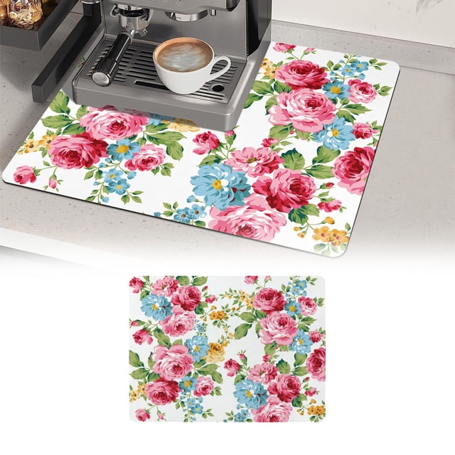 Coffee Bar Mat Accessories For Countertop Flower Absorbent Hide Stain Rubber Dish Drying Mats For Kitchen Counter Draining Pad Decor Gift Fit Under Coffee Maker