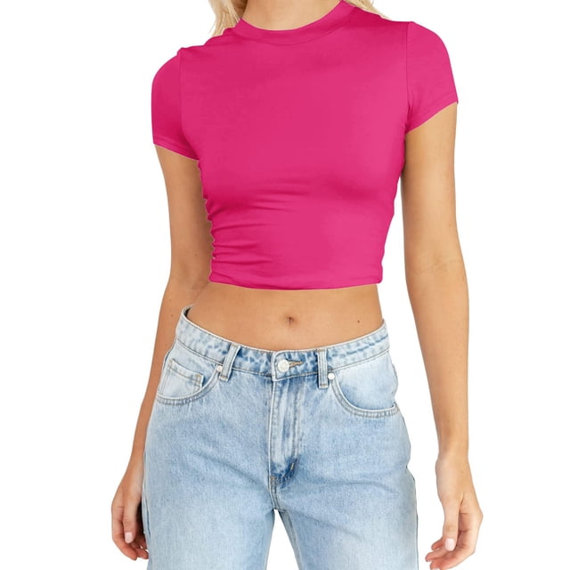 JIRNDf Hauts pour Femmes T-Shirts d'Été Tendance Mode Manches Courtes Mignon Court Basique Col Rond Coupe Ajustée Blouse pour Femmes Tunique Décontractée Hauts Rose Vif G