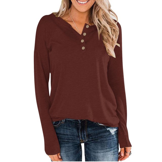 Meichang Womens Long Sleeve Tops Henley Neck Buttons Tshirts Basic Solid Casual Tee Shirts Spring Blouse Loose Fit Work Blouses