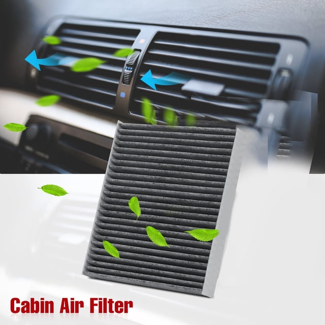 Hbdhejl Car Fresh Air Filter Replacement for car passenger cabin air filter, featuring a grey activated carbon design. The filter is shown in front of a car's air vent with green leaves and arrows symbolizing purified airflow. Designed for CF10134 compatibility, it efficiently filters harmful particles and odors, ensuring clean and fresh interior air. Easy to install behind the glove box.