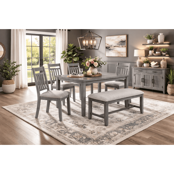 K-Living Luke Solid Wood 6PCS Dining Set (Table with 4 Chairs and Bench)
