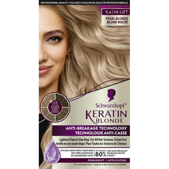Schwarzkopf Keratin Blonde Permanent Hair Colour Cream Pearl Blonde 11.4, Hi-Lift Permanent Color box showing a close-up of a woman with pearl blonde hair, highlighting 3-step anti-breakage technology, up to 4 levels of lift, and anti-brass purple conditioner for all hair textures in one permanent application.