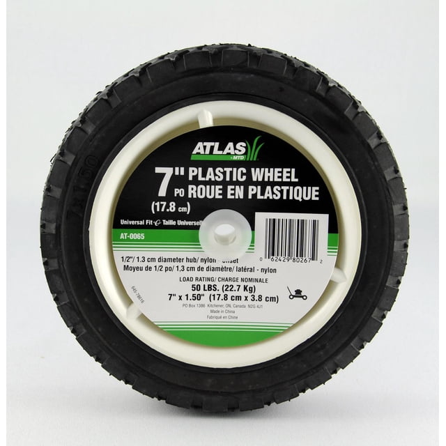 7-inch Universal Plastic Wheel with black tread and white plastic hub, 1/2 inch diameter nylon offset hub, 1.5 inch wide tread, 50 lbs load rating, suitable for lawn mowers and outdoor garden equipment replacement.
