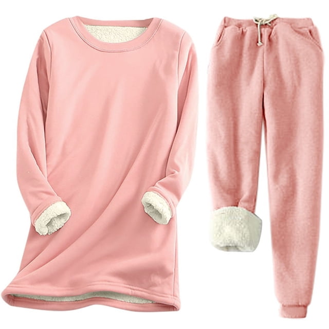 Ensemble de Survêtement en Molleton pour Femmes 2 Pcs Tenue d'Hiver Chaude Doublée Sherpa Ensemble de Chandail à Col Ras du Cou et Pantalon de Survêtement