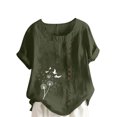 thumbnail image 2 of Liquidation Horkkom Chemises à Manches Courtes pour Femmes Été Grande Taille Chemises en Lin Décontractées Col Rond Imprimé Floral Blouses Amples, 2 of 4