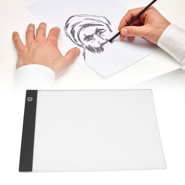 LED Copy Table, an ultra-thin acrylic LED copy board light box designed for art supplies and drawing tasks. Features a smart touch sensor for easy operation and measures approximately 335x235x3.5mm with an active area of 300x210mm. Ideal for painting design, calligraphy sketching, animation, and other light transmission needs. Includes a USB cable for convenient power connection.