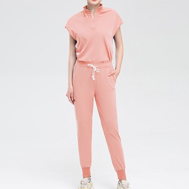 TIMIFIS Scrub for Women Set Jogger Pants Summer V-Neck Top and Drawstring Jogger Pants Stretch Nursing Uniform Scrub Set with Pockets pring/Summer