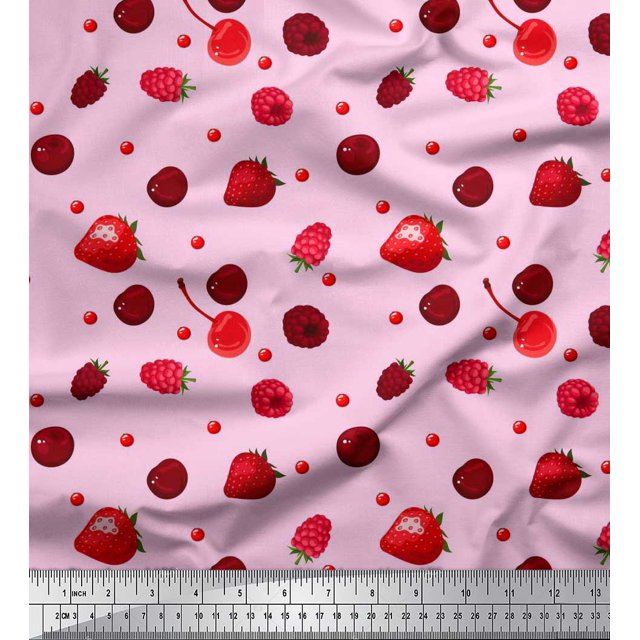 Soimoi Cotton Voile Fabric Raspberry,Strawberry & Cherry Fruits Decor Fabric Printed Yard 42 Inch Wide