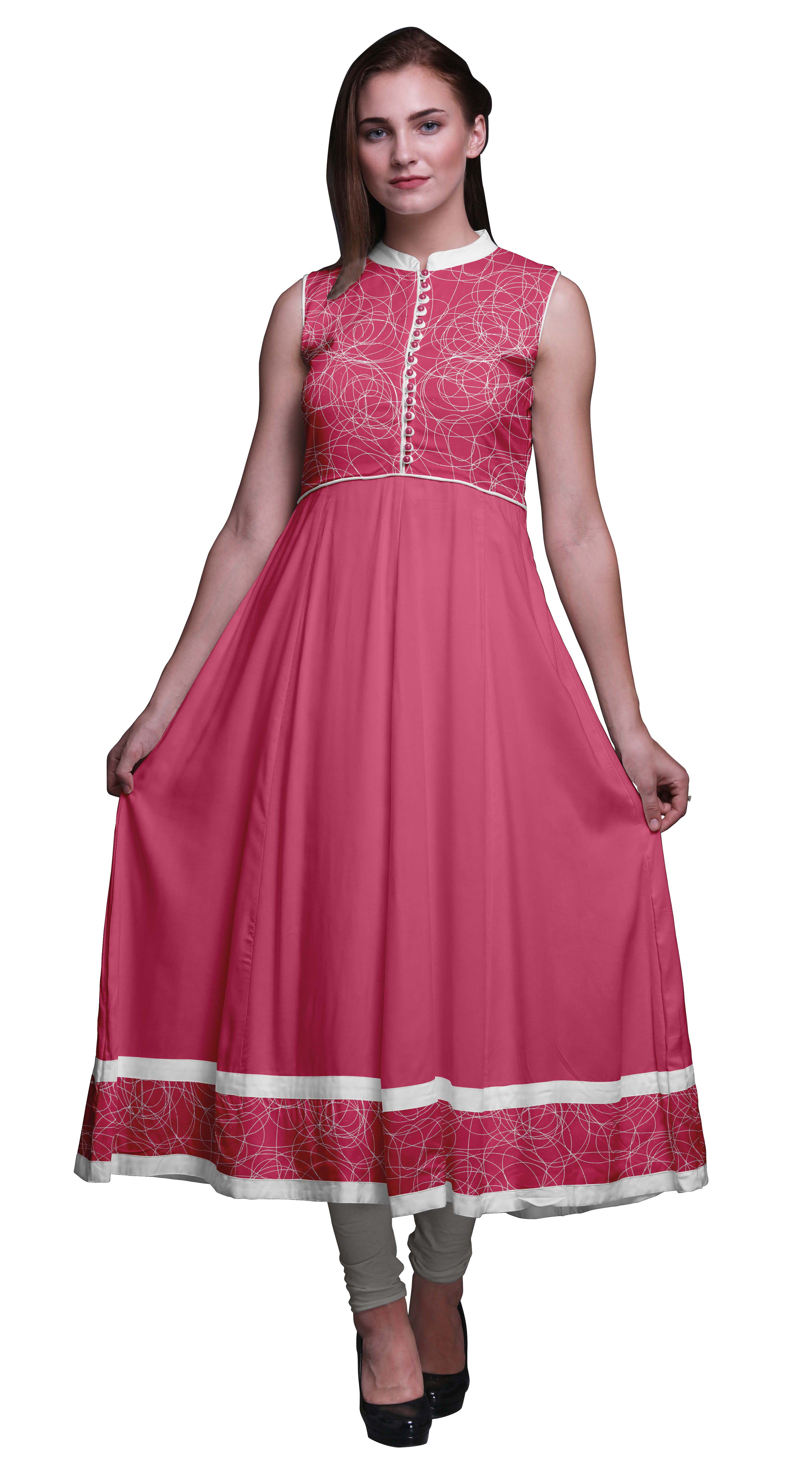 Bimba Kurti Longue Indienne Rose Art & Craft pour Femmes Tenue de Fête Imprimée Sans Manches Robe Anarkali Kurti XXX-Large