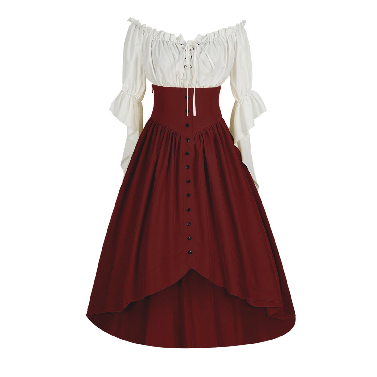 LOVZFMLL Costume Renaissance pour Femmes Robe Victorienne Médiévale Paysanne Manches à Volants Laçage Chemise Asymétrique Robe Maxi Tenue de Fête d'Halloween Cosplay
