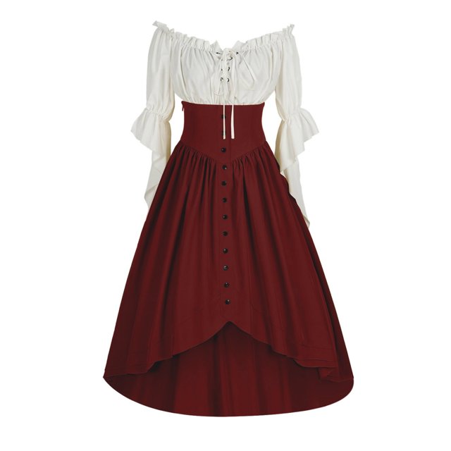 LOVZFMLL Costume Renaissance pour Femmes Robe Victorienne Médiévale Paysanne Manches à Volants Laçage Chemise Asymétrique Robe Maxi Tenue de Fête d'Halloween Cosplay