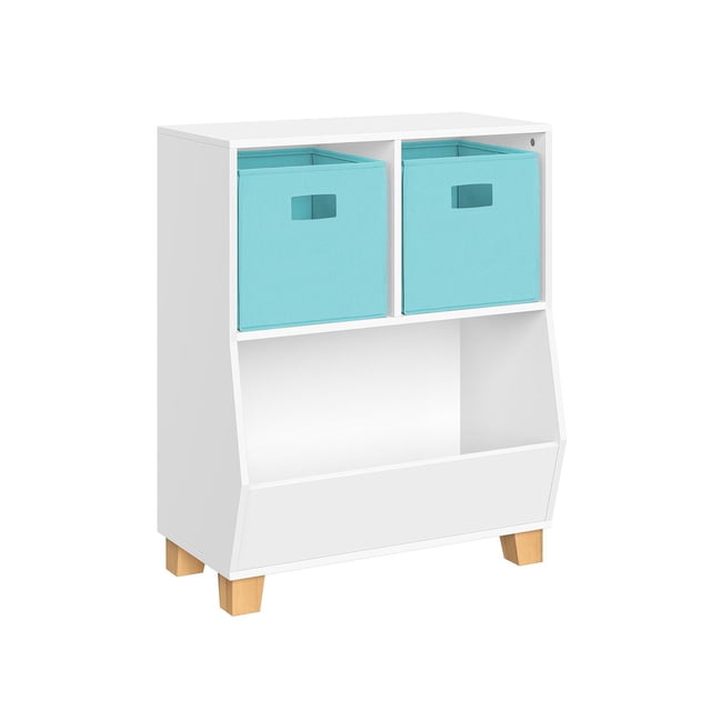 Kids Catch-All Multi-Cubby 24" Toy Organizer and 2 Bins with white painted MDF frame, two turquoise fabric storage bins in upper cubbies, one wide lower open bin, and four natural pine wood legs, ideal for organizing toys and books in a playroom.