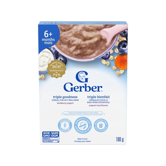 GERBER Triple Goodness Blueberry Yogurt Baby Cereal, 6 Months+, For Gut Wellness