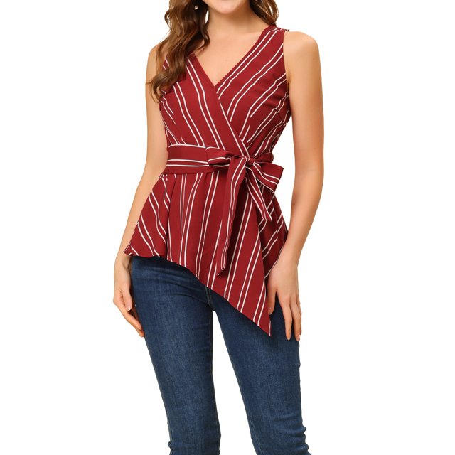 INSPIRE CHIC Hauts d'Été pour Femmes Sans Manches à Encolure en V Portefeuille à Nouer à la Taille TP Rouge