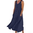 thumbnail image 2 of BiZtdJrK Robe Longue d'Été en Coton et Lin Bleu Marine pour Femme, Boutonnée, Fluide, Vacances Plage, Robes Soleil, Couleur Unie, Col Ras du Cou, Maxi, avec Poches, TG, 2 of 8