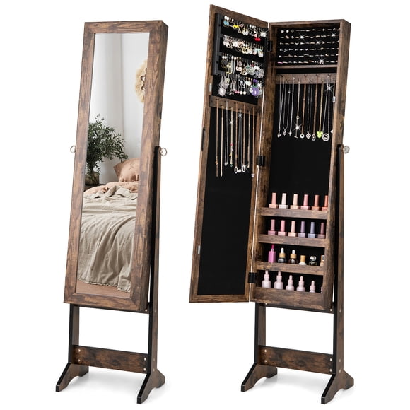 Gymax Jewelry Mirrored Cabinet Armoire Organizer Storage Box w/ Stand Christmas Gift Brown