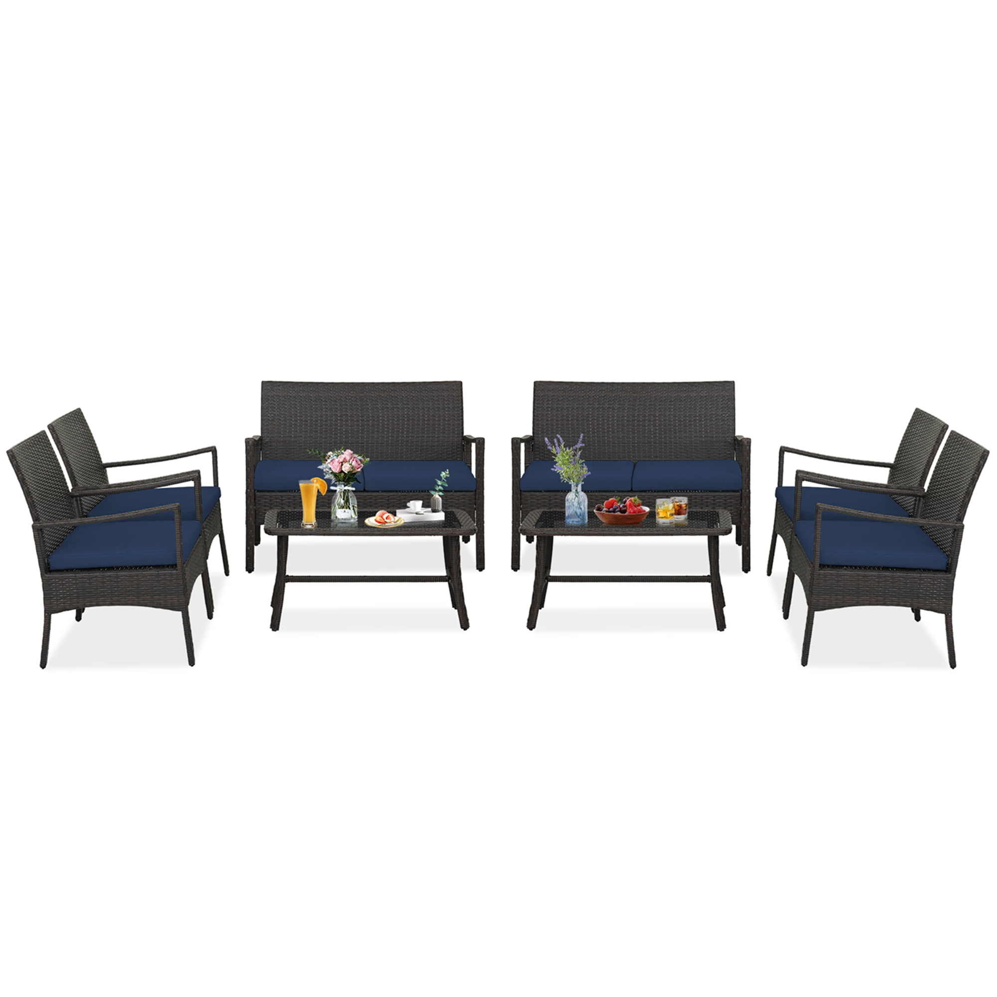 Costway Ensemble de Mobilier de Patio en Rotin Osier 8 Pcs Canapé Coussiné avec Accoudoirs Table Basse Bleu Marine