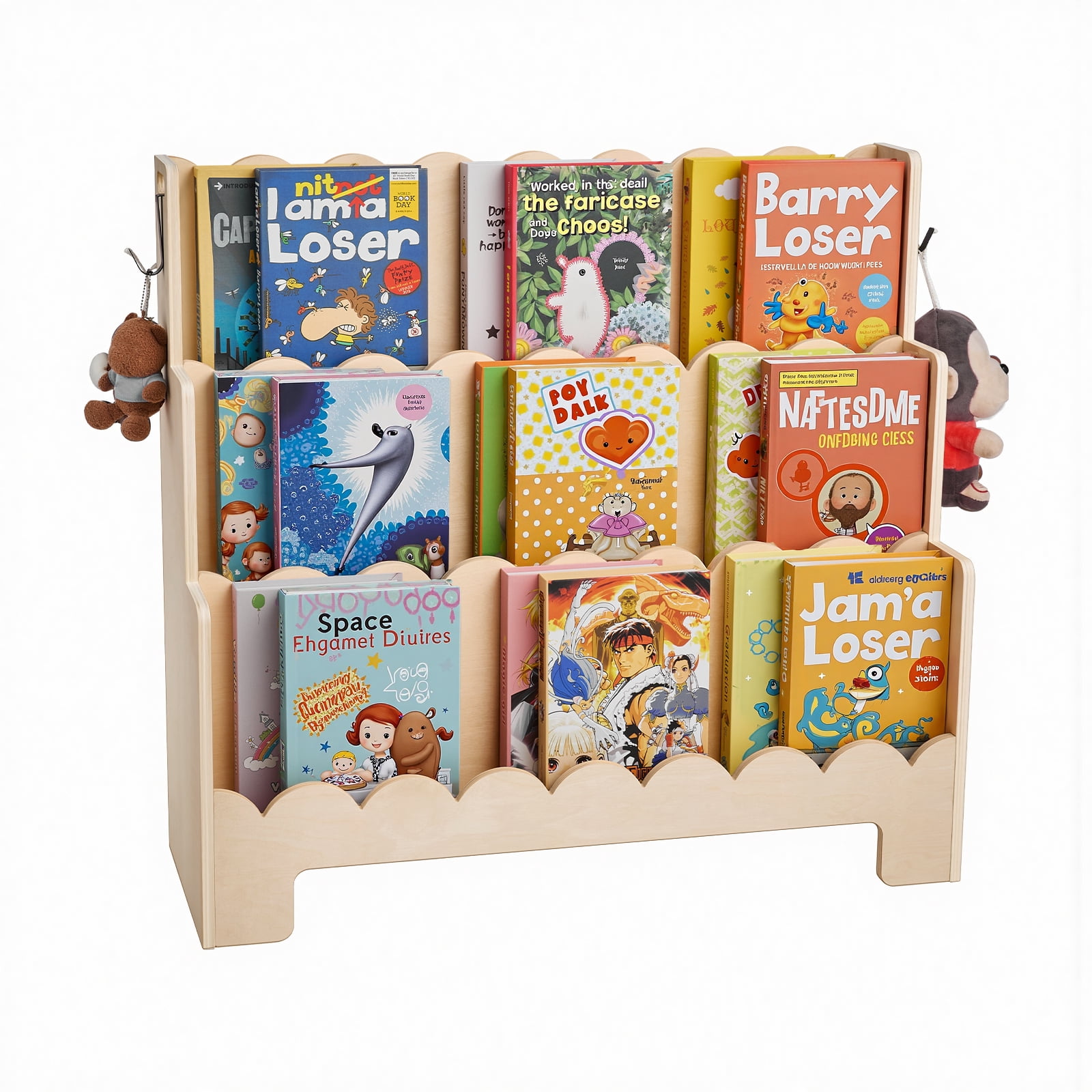 VEVOR Montessori Bookshelf, 3-Tier Scalloped Kids Bookshelf, Front Facing Toddler Bookcase, Dual Hooks for Hanging Backpacks, Baby Bookshelf for Kids Room, Living Room, Entryway, Nursury, Preschool