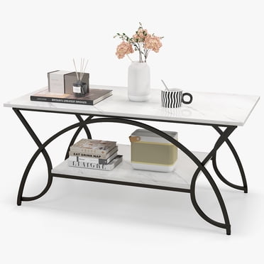 Costway 2-Tier Industrial Coffee Table Rectangular Cocktail Table with Storage Shelf White