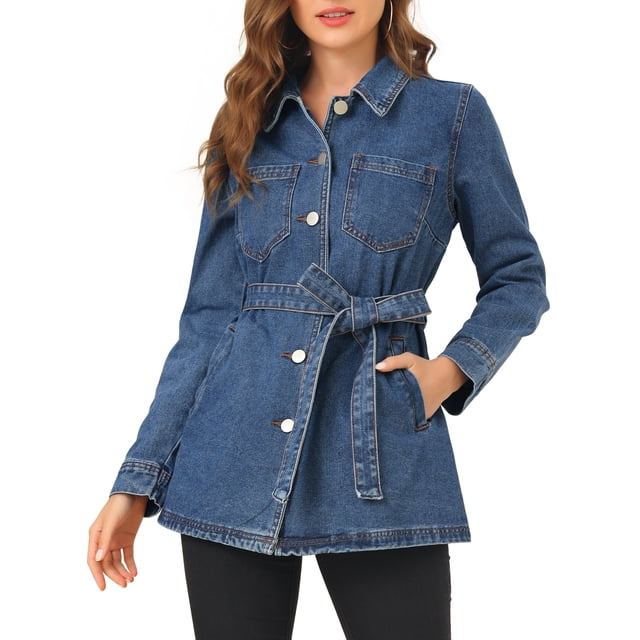 INSPIRE CHIC Vestes en Jean pour Femmes Manches Longues Taille à Nouer Boutonnée Veste en Denim Décontractée TP Bleu Moyen