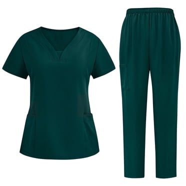 WRKEKC Scrubs for Women 2 Piece Set with Pockets Short Sleeve V-Neck Top and Pants for Medical Workwear Ideal for Fall Medical Uniform Outfits