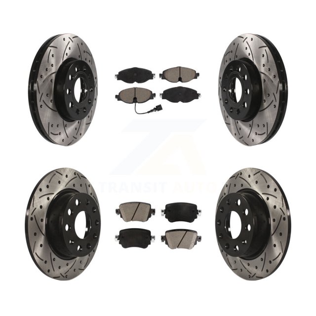 Transit Auto Front Rear Coated Drilled Slotted Disc Brake Rotors and Ceramic Pads Kit for Car Volkswagen Golf SportWagen KDC-100491