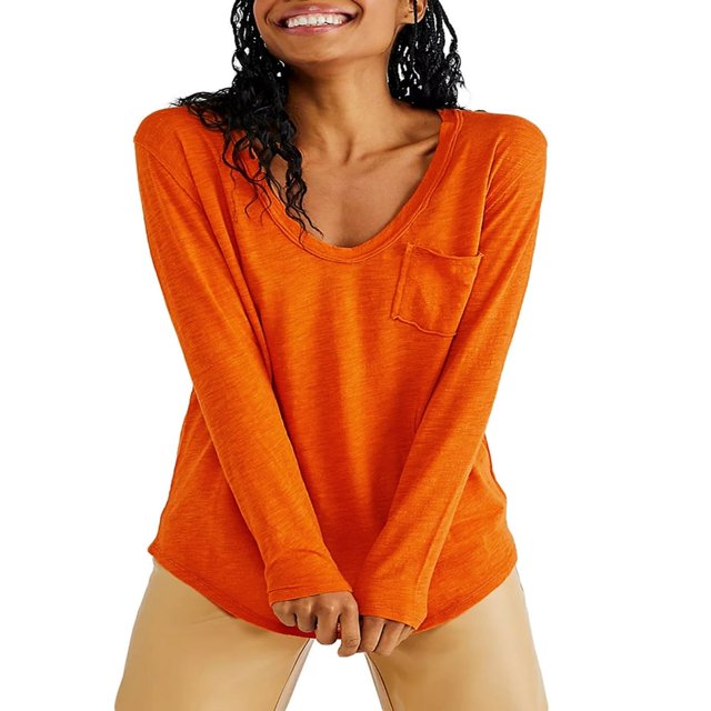 Women‘s Causal T-Shirt V Neck Long Sleeve Loose Fit Tops Solid Color Blouse Basic Tees