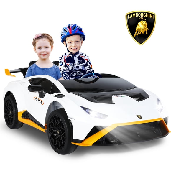 Gyrocopters Lamborghini Licensed 2 Seater Kids Ride on Car | 12V Electric Vehicle with Stories, Music | Powered Ride on Car for Kids with Parental Remote Control, LED Lights |  White