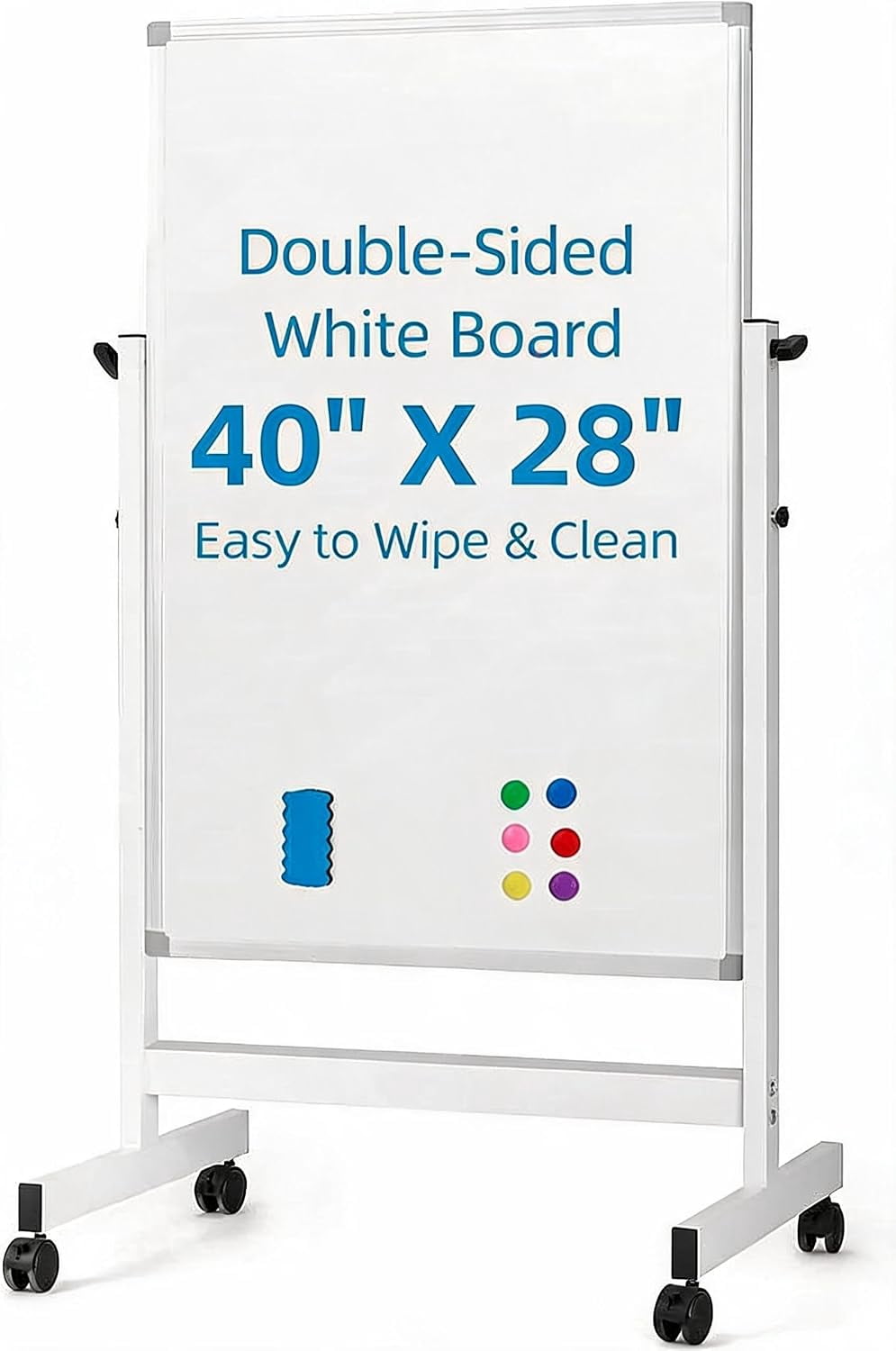 Rolling Magnetic Double-Sided Whiteboard on Wheels - Height Adjustable Dry Erase Board - Mobile Stand - Swivel Reversible - White, 40"x28"