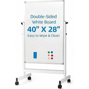Roulement magnétique double-câble tableau blanc sur roues - Tableau d'effacement à sec réglable en hauteur - Support mobile - Réversible pivotant - Blanc, 40"x28"