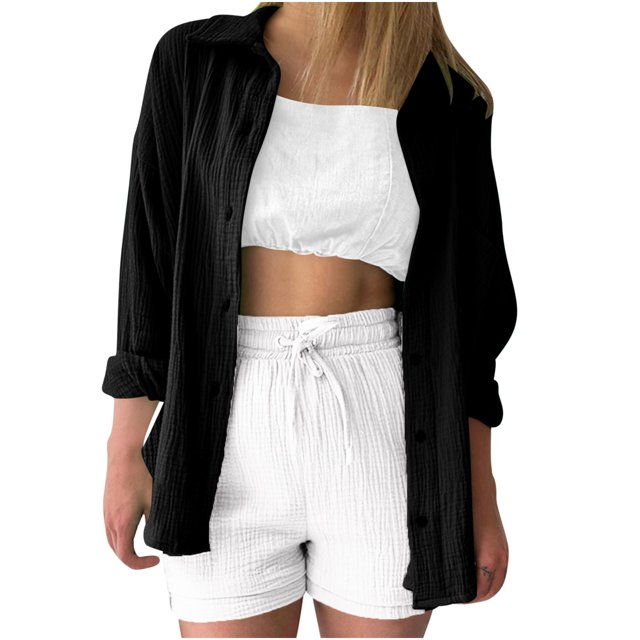 Timegard Tops for Women Lapel Neck Long Sleeve Button up Shirts Solid Color Fall Casual Loose Blouse