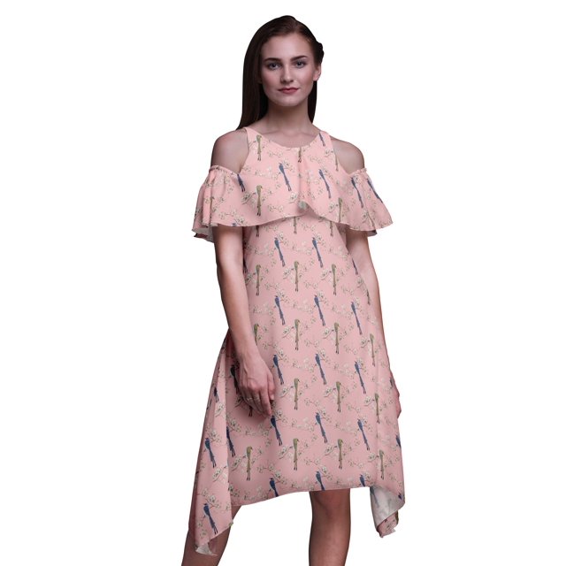 Bimba Robe Droite à Épaules Dénudées Style Chic pour Femmes à Imprimé d'Oiseaux Roses Tunique d'Été - XXX-Large