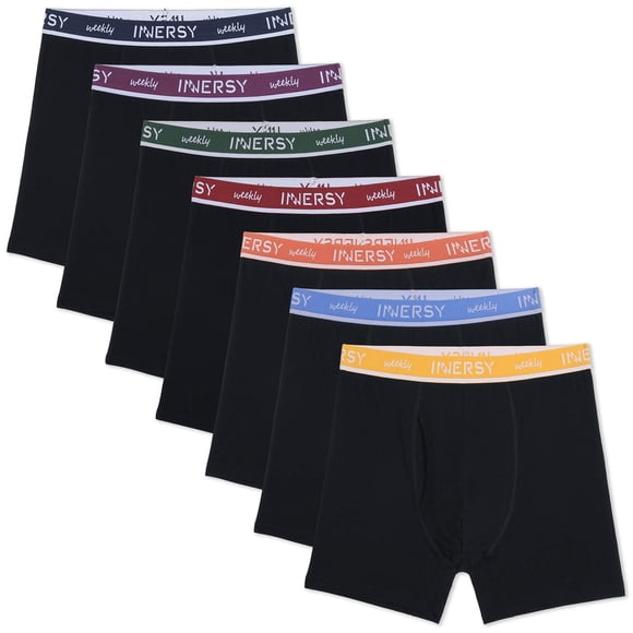 INNERSY Mens Boxer Briefs with Fly Cotton Stretchy Underwear 7 Pack (Black With Colorful Waistband, Medium)