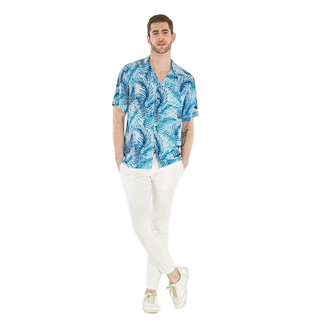 Hawaii Hangover Chemise Hawaïenne pour Homme Chemise Aloha TG Feuilles Bleu Simple