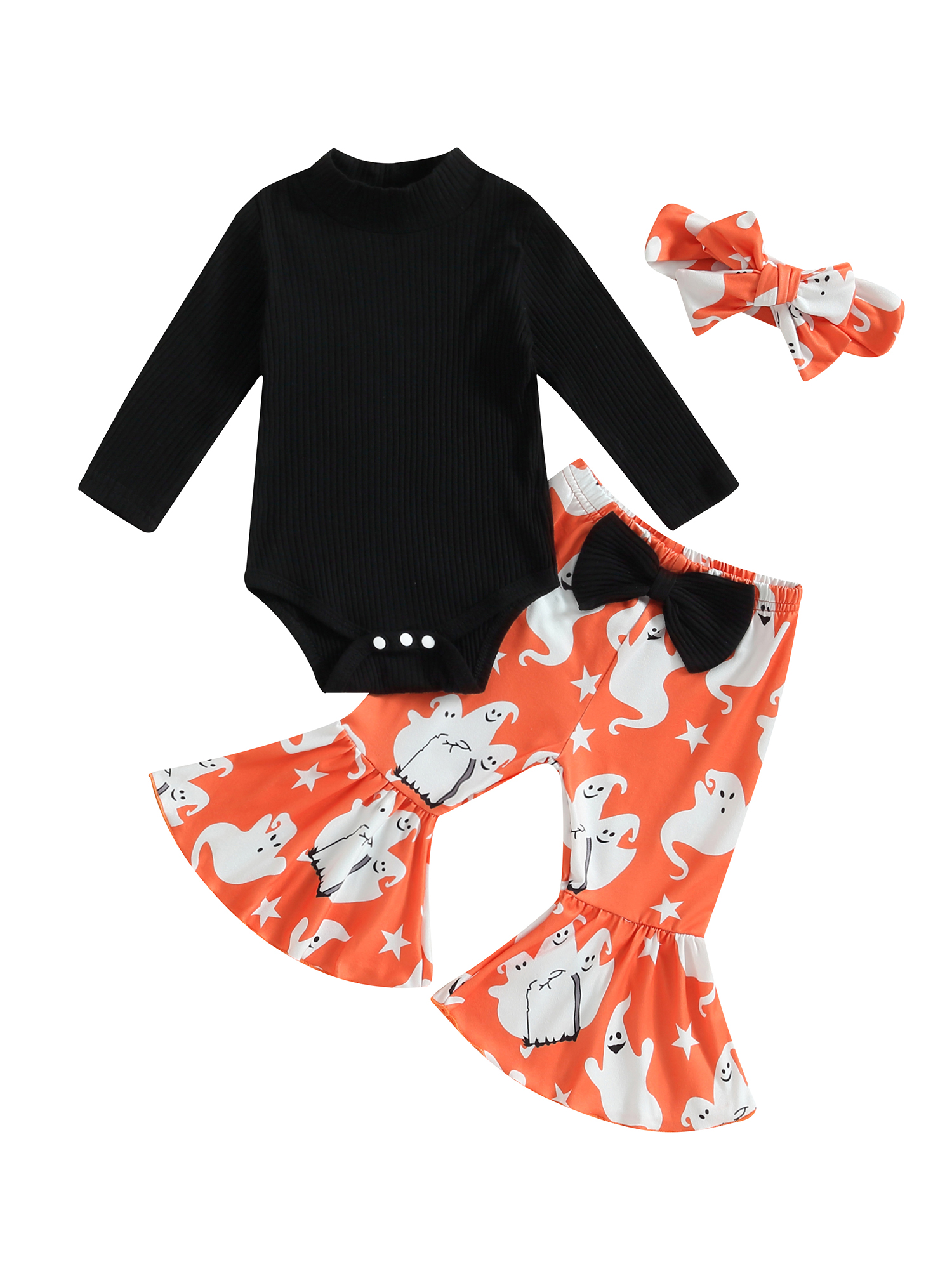 Fortune Baby Girl Halloween Clothes 3 6 12 18 Months Fall Outfits Long Seeve Ribbed Romper Ghost Flare Pants 2Pcs Set