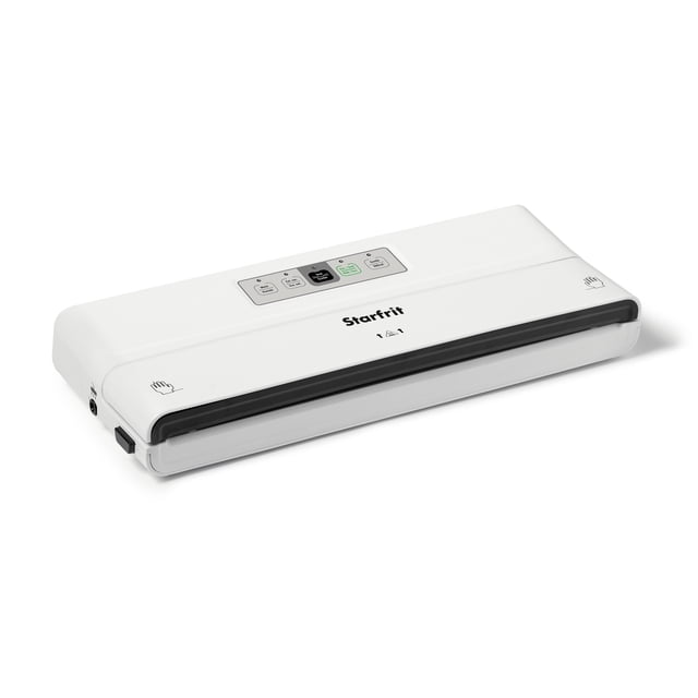 Starfrit Scelleuse sous Vide Électrique Blanche avec design Rectangulaire compact, Bande de Scellage Noire à l'Avant et Panneau de Commande Supérieur avec 5 Fonctions Préréglées, Incluant Humide, Sceller et Aspiration Douce. Elle Verrouille l'Étanchéité Hermétique pour Préserver la Fraîcheur des Aliments et Empêcher la Brûlure du Congélateur, Convient à la Cuisson sous Vide et au Rangement au Congélateur.