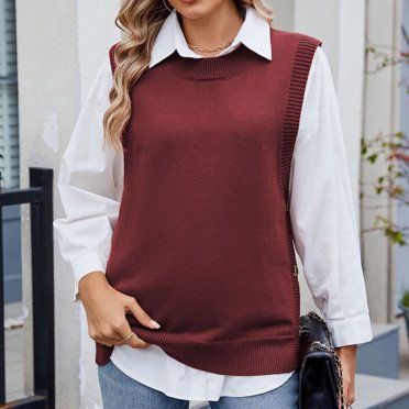 Erwazi Sweater Vests for Women Crew Neck Sleeveless Button Slit Pullover Knitted Tops Solid Color Relaxed Fit Tank Sweaters